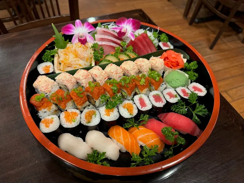 A platter of sushi rolls and sashimi at Minato Sushi Bar